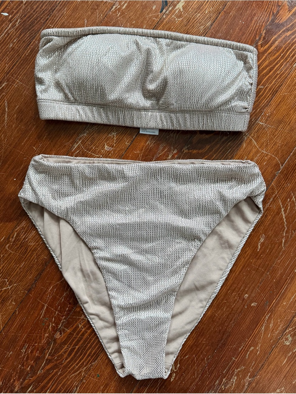 Good American Metallic Taupe Strapless Bandeau Bikini Set